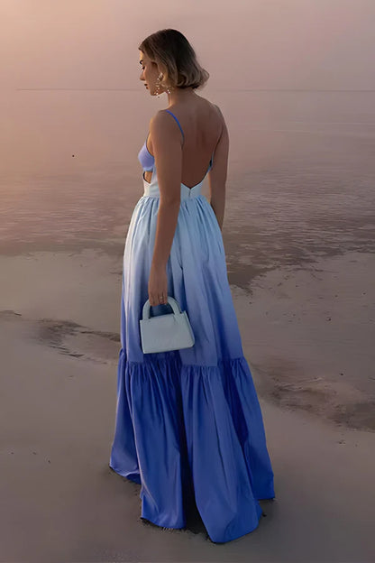 Blue Ombre Spaghetti Strap Prom Dress with Waist Cutout for Formal Events and Prom Nights