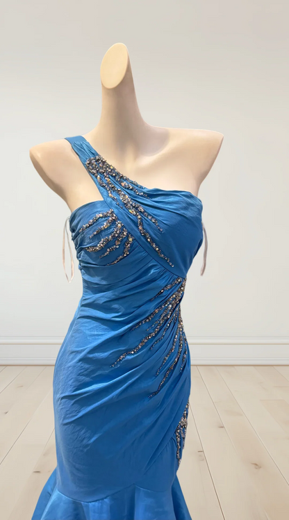 Blue One Shoulder Prom Dress With Rhinestone Embellishments And Mermaid Formal Prom Dress