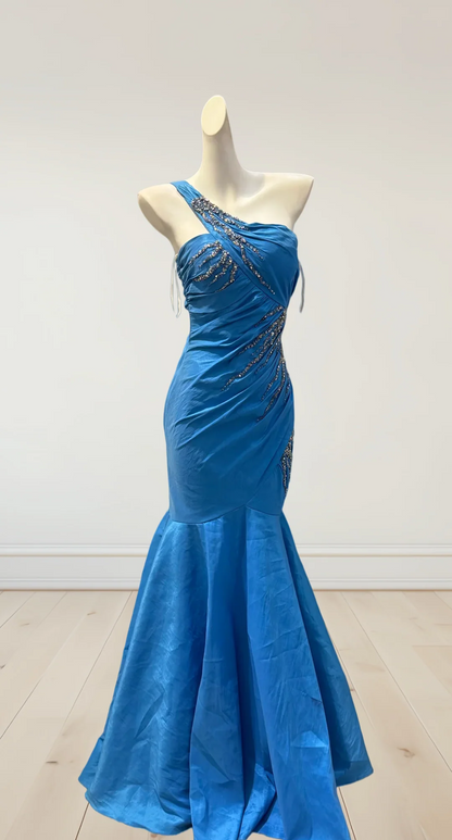 Blue One Shoulder Prom Dress With Rhinestone Embellishments And Mermaid Formal Prom Dress