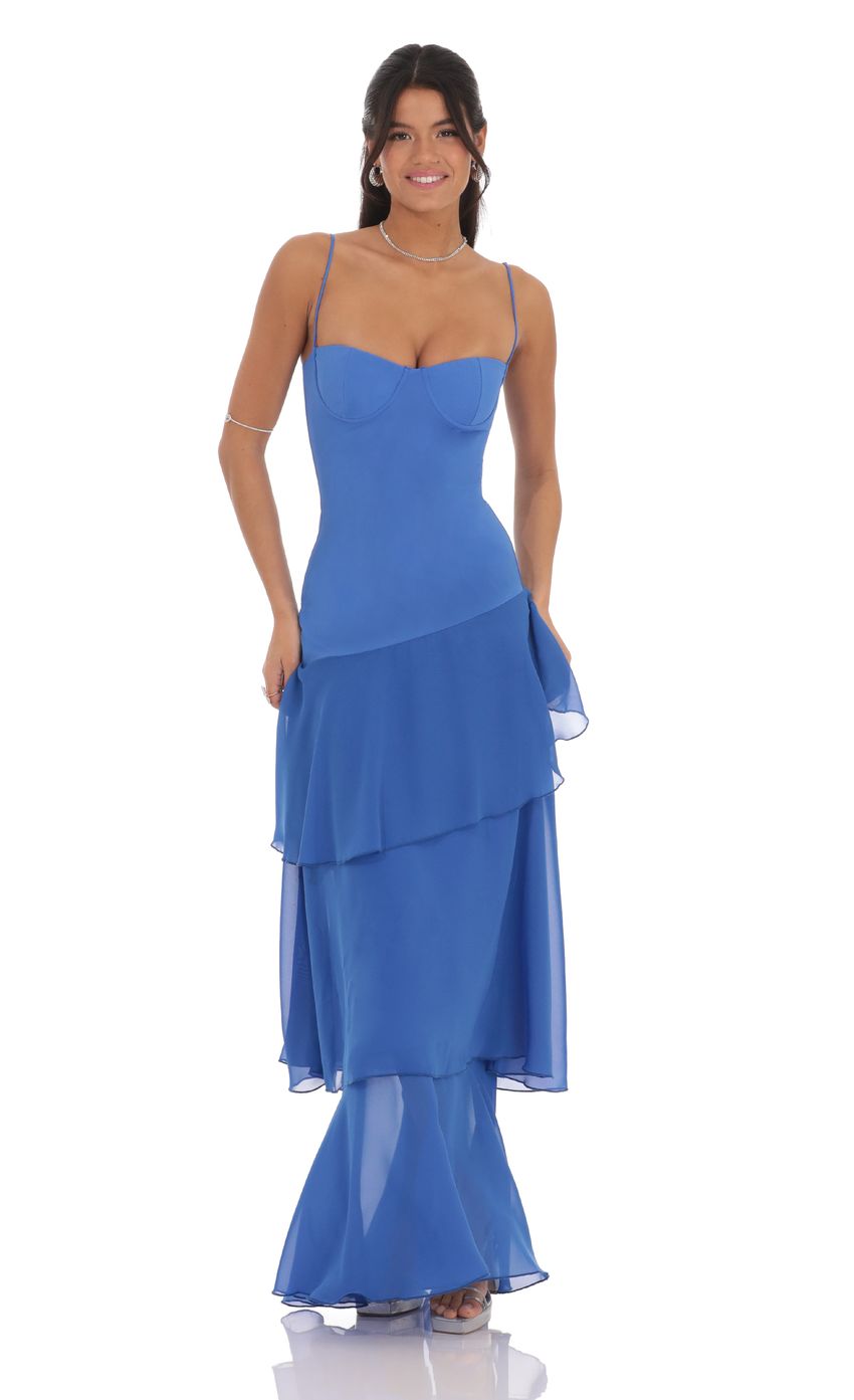 Blue Spaghetti Strap Prom Dress With Corset Bustier And Tiered Chiffon Maxi Formal Prom Dress