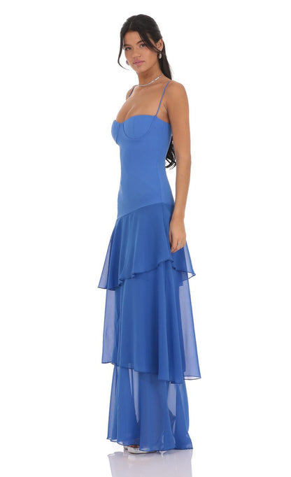 Blue Spaghetti Strap Prom Dress With Corset Bustier And Tiered Chiffon Maxi Formal Prom Dress