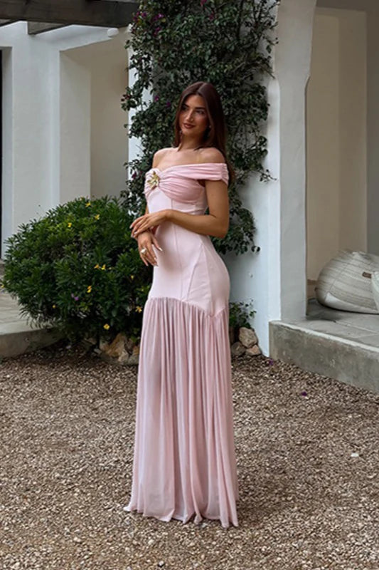 Blush Maxi Prom Dresses with Off Shoulder Twist Neck Brooch Detail Pleated Skirt for Prom and Wedding Guest