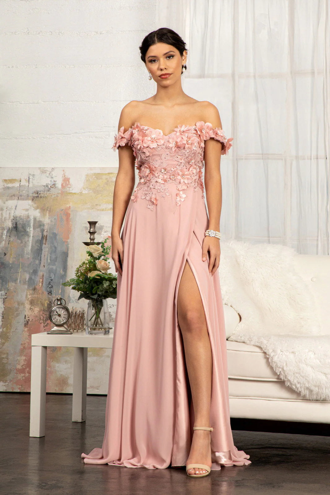 Blush Off-Shoulder 3D Floral Applique Lace-Up Back Chiffon Slit Maxi Evening Dress