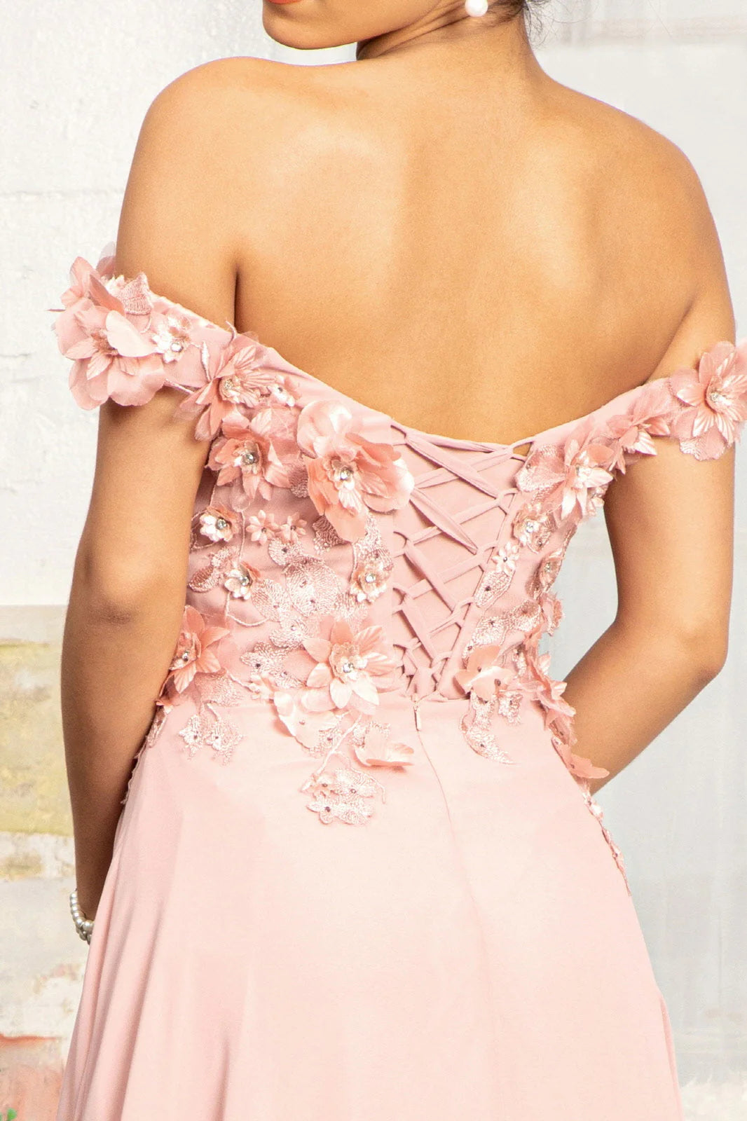 Blush Off-Shoulder 3D Floral Applique Lace-Up Back Chiffon Slit Maxi Evening Dress