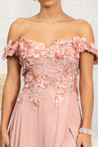 Blush Off-Shoulder 3D Floral Applique Lace-Up Back Chiffon Slit Maxi Evening Dress