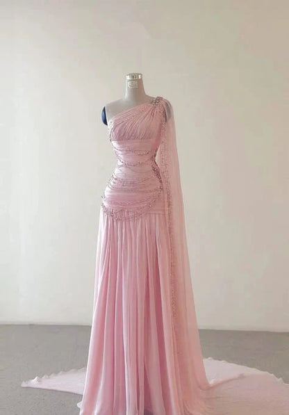 Blush One Shoulder Prom Dress With Beaded Draped Tulle And Cape Sleeve Formal Prom Dress