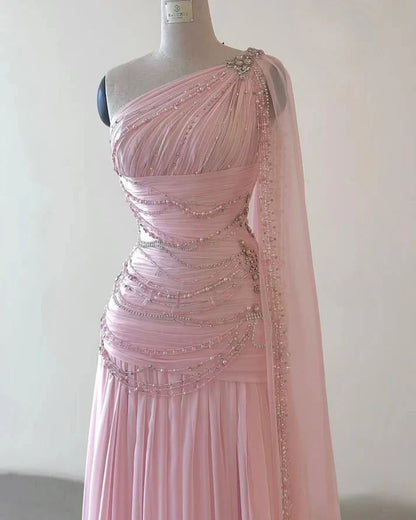 Blush One Shoulder Prom Dress With Beaded Draped Tulle And Cape Sleeve Formal Prom Dress