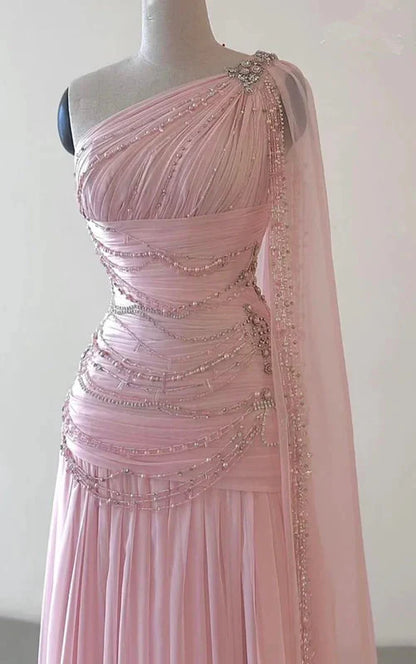 Blush One Shoulder Prom Dress With Beaded Draped Tulle And Cape Sleeve Formal Prom Dress