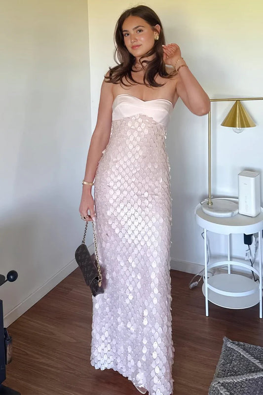Blush Pink 3D Disc Sequin Strapless Satin Sheath Prom Dresses