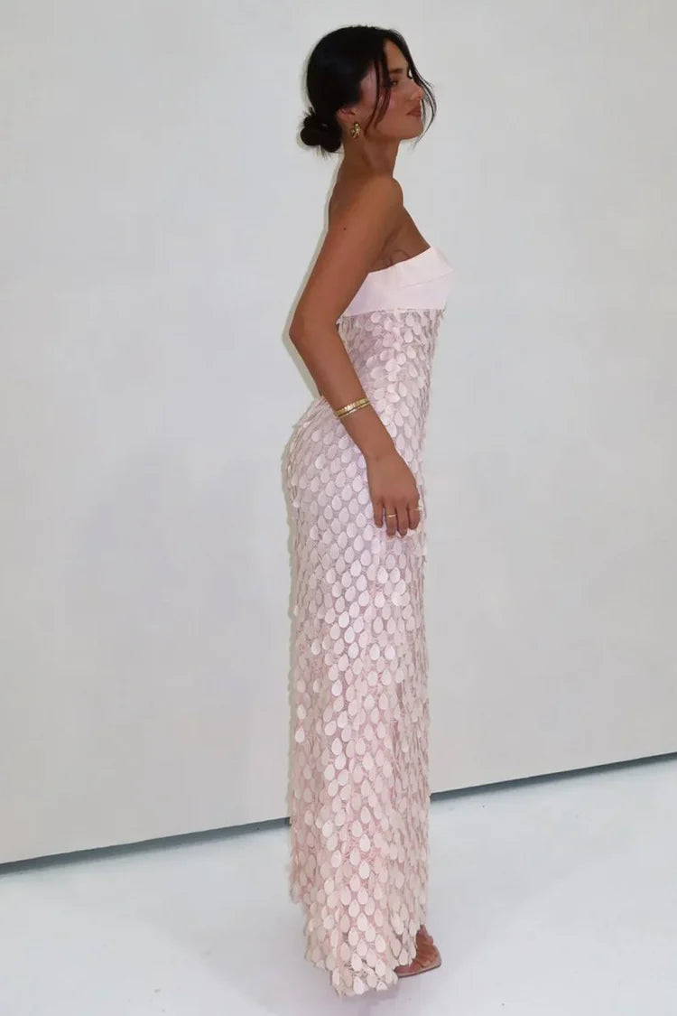 Blush Pink 3D Disc Sequin Strapless Satin Sheath Prom Dresses