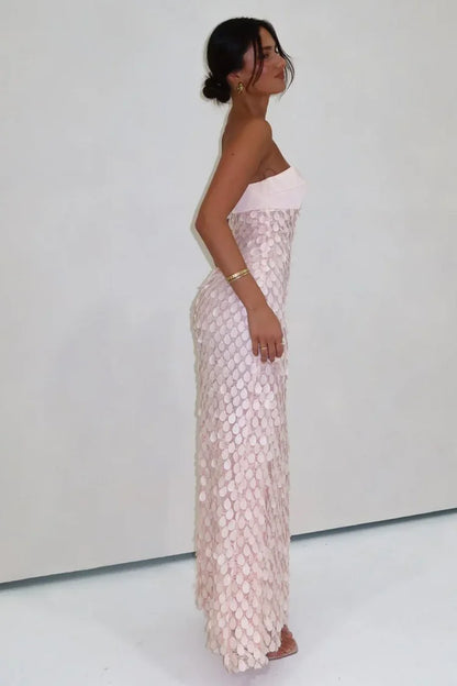Blush Pink 3D Disc Sequin Strapless Satin Sheath Prom Dresses