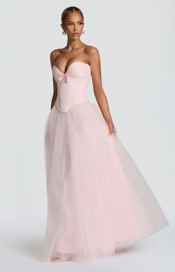 Blush Pink Ball Gown Prom Dress with Strapless Sweetheart Corset Bodice, Tulle Skirt and Lace-Up Back