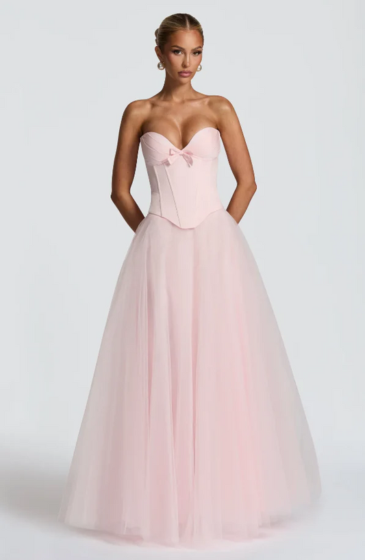 Blush Pink Ball Gown Prom Dress with Strapless Sweetheart Corset Bodice, Tulle Skirt and Lace-Up Back
