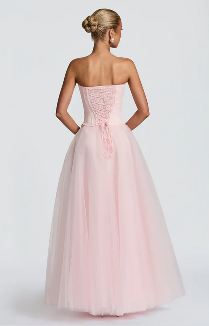 Blush Pink Ball Gown Prom Dress with Strapless Sweetheart Corset Bodice, Tulle Skirt and Lace-Up Back