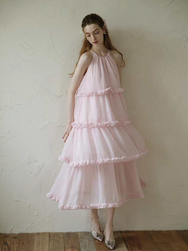 Blush Pink Chiffon Halter Neck Tiered Ruffle Midi Length Formal Evening Prom Dress