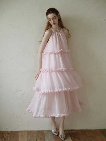 Blush Pink Chiffon Halter Neck Tiered Ruffle Midi Length Formal Evening Prom Dress