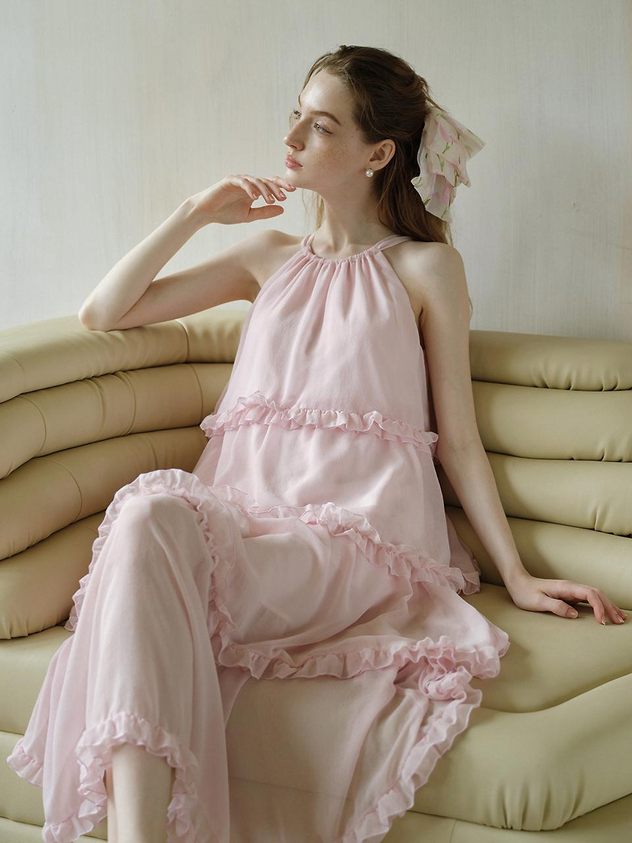 Blush Pink Chiffon Halter Neck Tiered Ruffle Midi Length Formal Evening Prom Dress