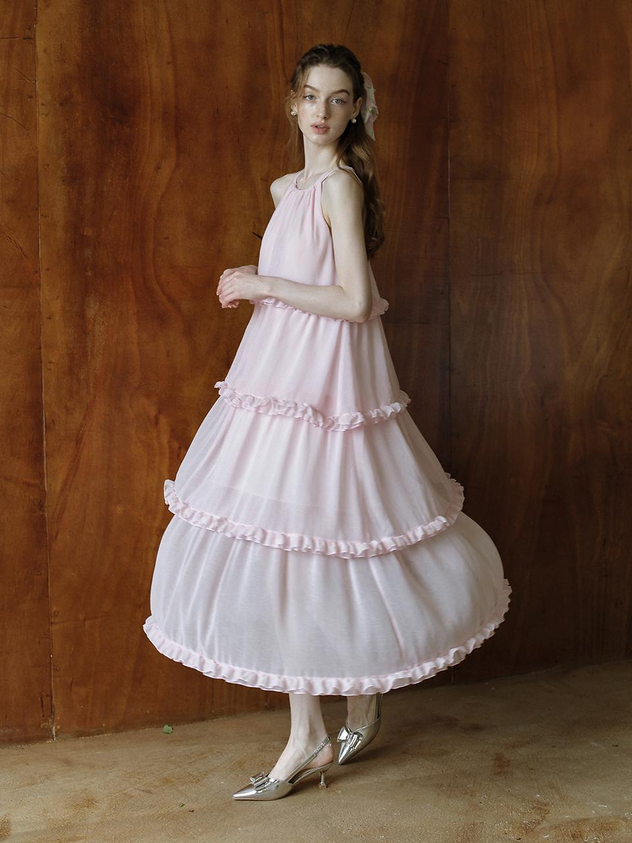 Blush Pink Chiffon Halter Neck Tiered Ruffle Midi Length Formal Evening Prom Dress