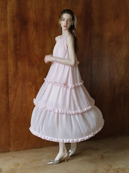 Blush Pink Chiffon Halter Neck Tiered Ruffle Midi Length Formal Evening Prom Dress