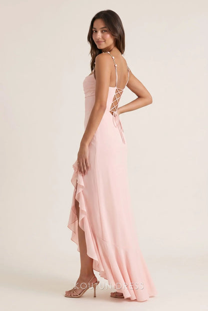Blush Pink Chiffon Mermaid Cowl Square Neck Bead Chain Strap Lace Up Back Ruffle High Slit Floor Length Formal Evening Prom Dress