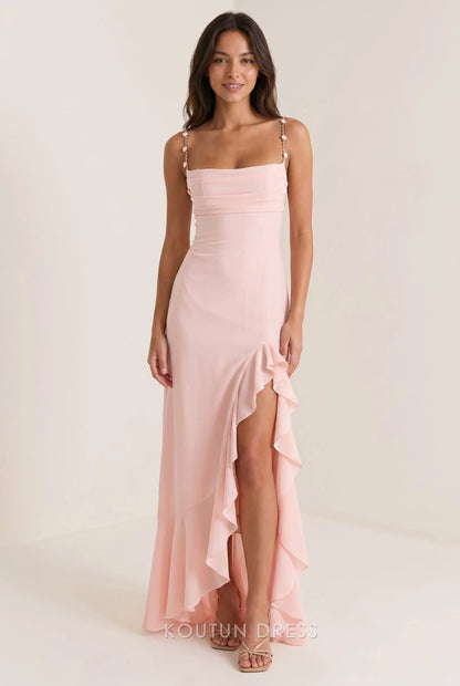 Blush Pink Chiffon Mermaid Cowl Square Neck Bead Chain Strap Lace Up Back Ruffle High Slit Floor Length Formal Evening Prom Dress