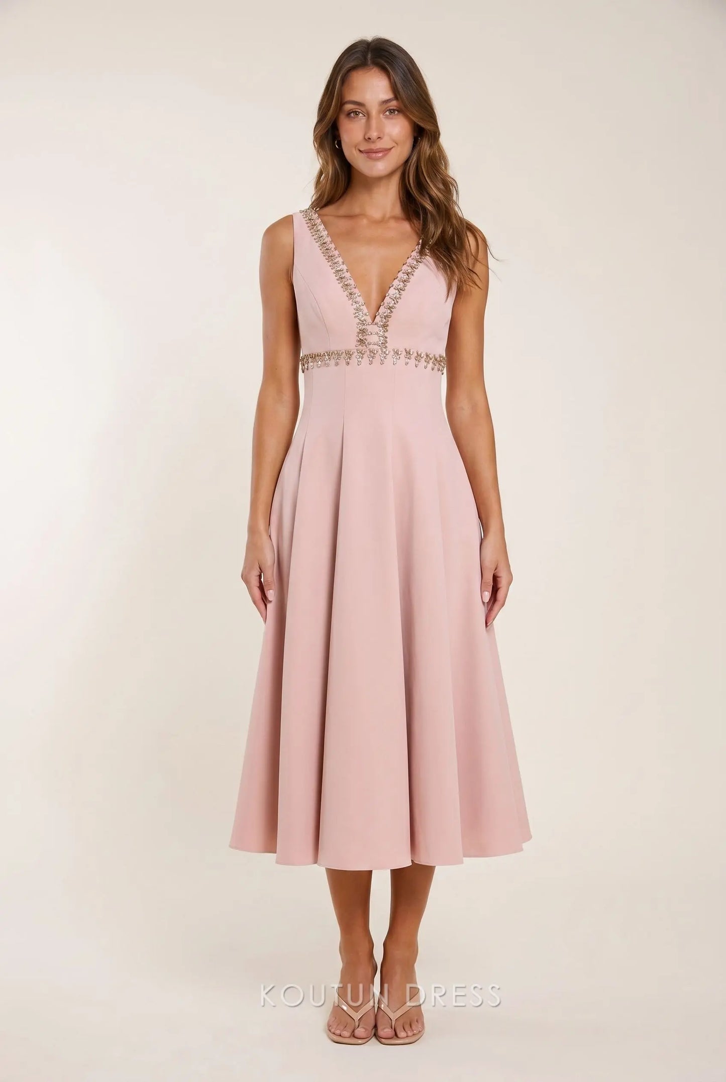 Blush Pink Crepe Sleeveless Deep V Neck Crystal Beaded Trim Low Back A Line Midi Prom Dress