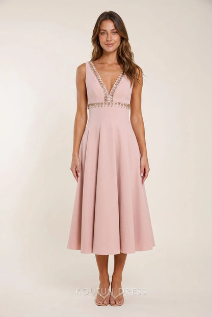 Blush Pink Crepe Sleeveless Deep V Neck Crystal Beaded Trim Low Back A Line Midi Prom Dress