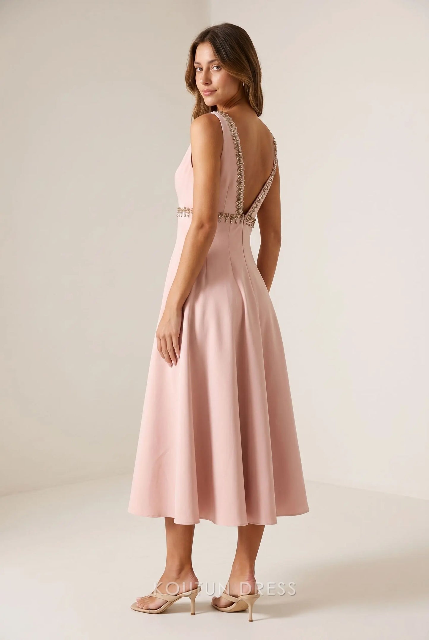 Blush Pink Crepe Sleeveless Deep V Neck Crystal Beaded Trim Low Back A Line Midi Prom Dress