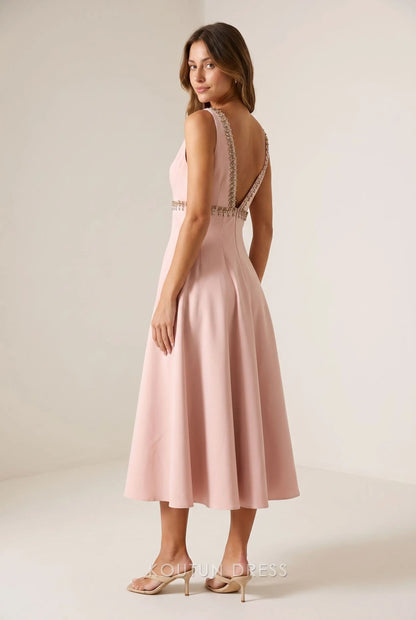 Blush Pink Crepe Sleeveless Deep V Neck Crystal Beaded Trim Low Back A Line Midi Prom Dress