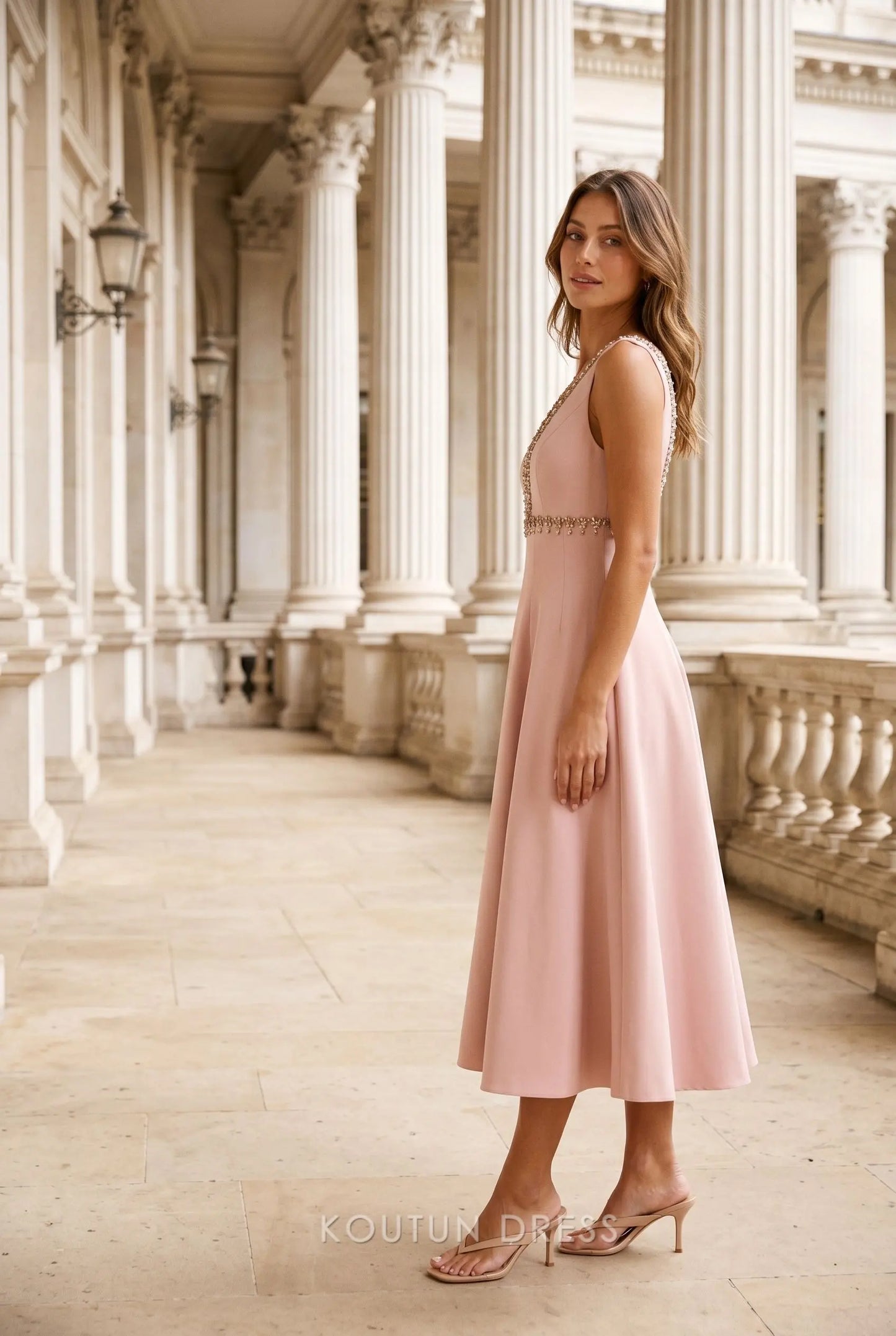 Blush Pink Crepe Sleeveless Deep V Neck Crystal Beaded Trim Low Back A Line Midi Prom Dress
