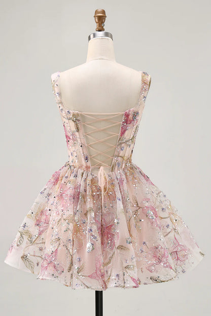 Blush Pink Floral Sequin Square Neck Homecoming Dress With Corset Bodice And Lace Up Back