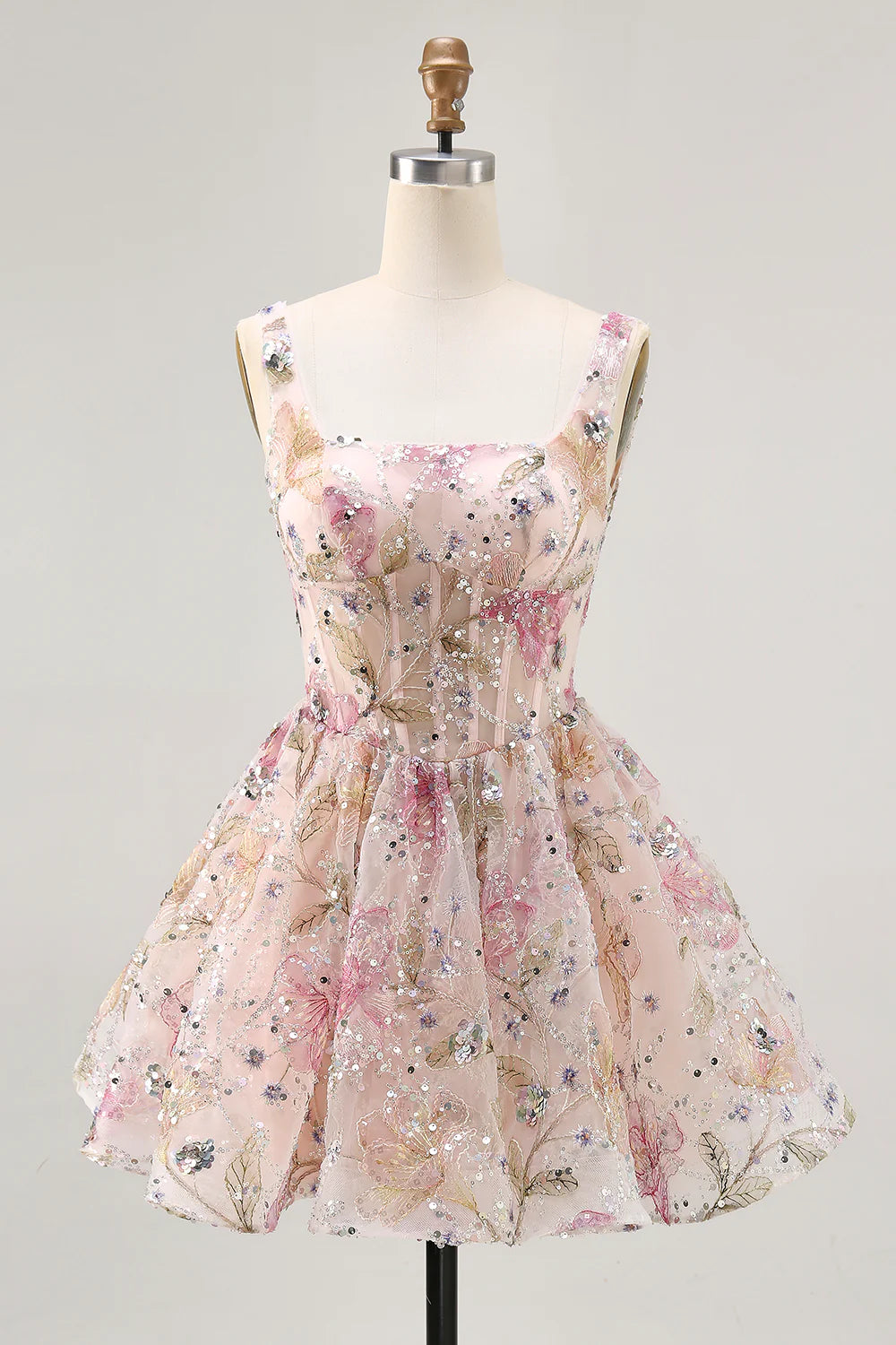 Blush Pink Floral Sequin Square Neck Homecoming Dress With Corset Bodice And Lace Up Back