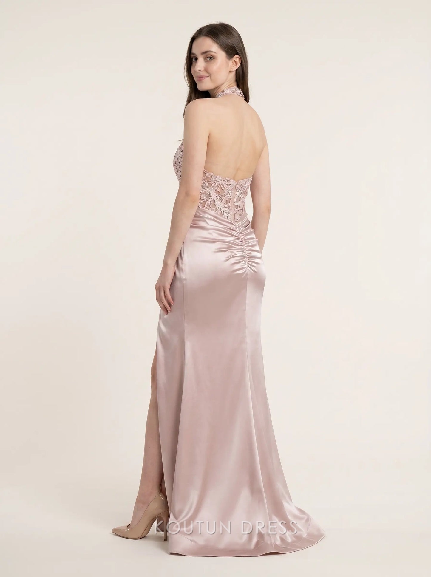 Blush Pink Halter Neck Floral Lace Bodice High Slit Satin Mermaid Floor Length Formal Evening Prom Dress