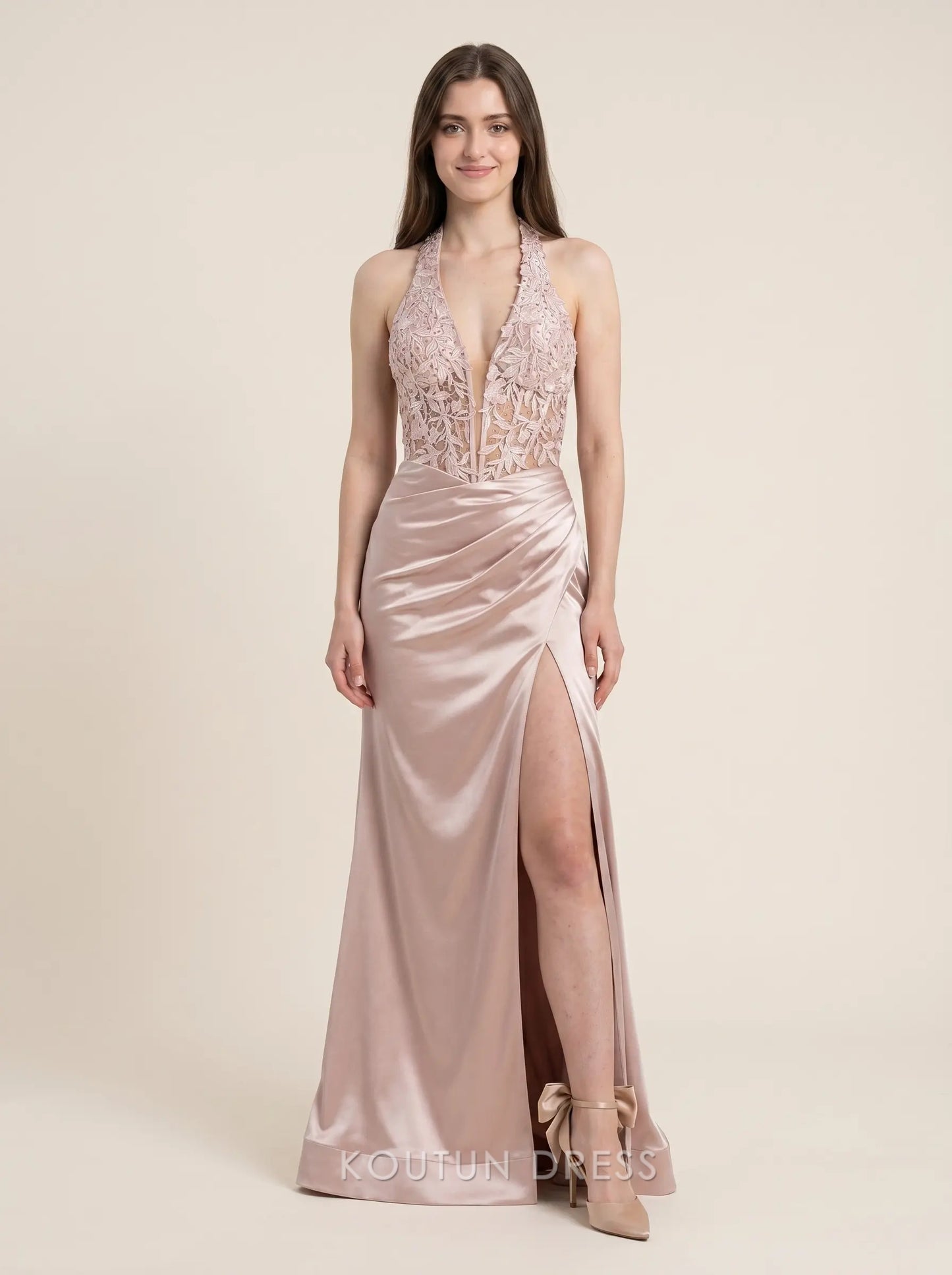 Blush Pink Halter Neck Floral Lace Bodice High Slit Satin Mermaid Floor Length Formal Evening Prom Dress
