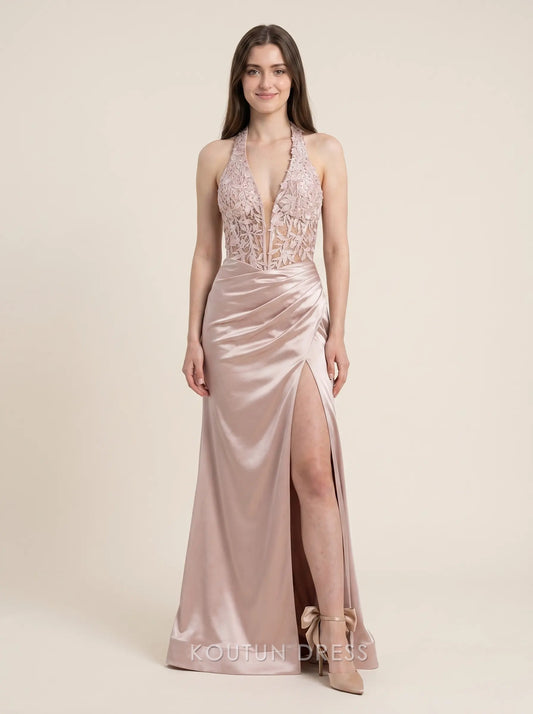 Blush Pink Halter Neck Floral Lace Bodice High Slit Satin Mermaid Floor Length Formal Evening Prom Dress