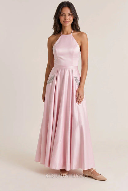 Blush Pink Halter Neck High Neck Sleeveless Open Back Crystal Embellished Pocket Satin A Line Ankle Length Prom Dress