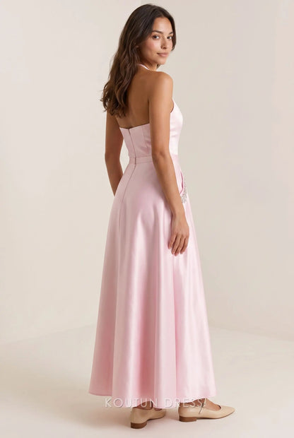 Blush Pink Halter Neck High Neck Sleeveless Open Back Crystal Embellished Pocket Satin A Line Ankle Length Prom Dress