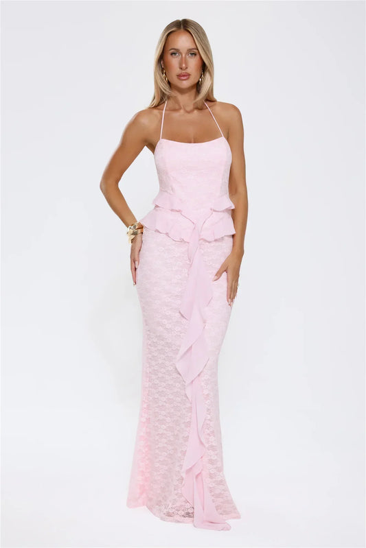 Blush Pink Halter Neck Open Back Lace Ruffle Mermaid Formal Evening Prom Dress