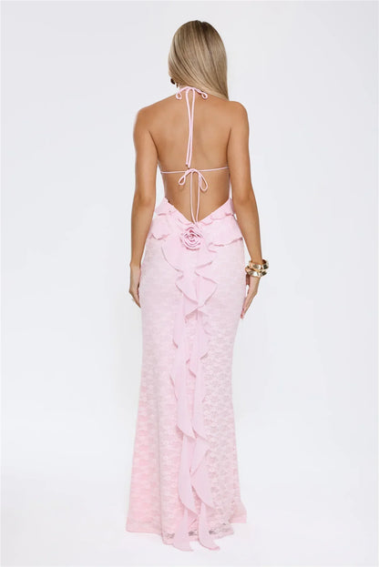 Blush Pink Halter Neck Open Back Lace Ruffle Mermaid Formal Evening Prom Dress