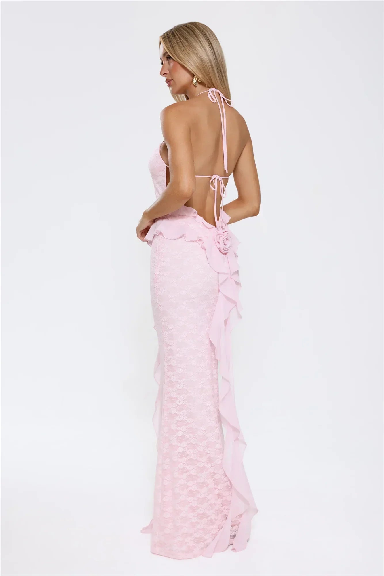 Blush Pink Halter Neck Open Back Lace Ruffle Mermaid Formal Evening Prom Dress