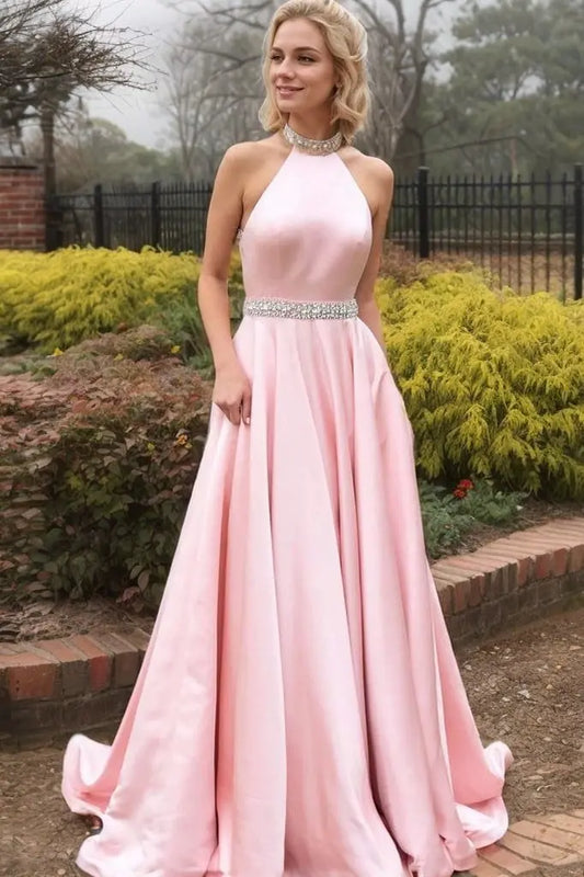 Blush Pink Halter Neck Satin A-Line Prom Dress with Beaded Waist and Open Back for Formal Events and Prom Nights
