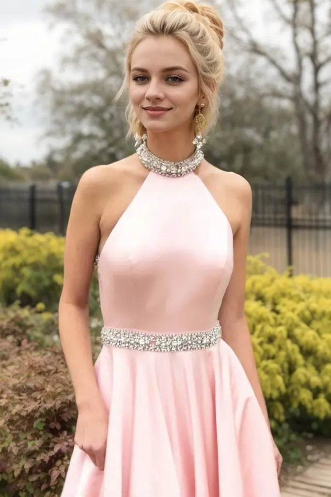 Blush Pink Halter Neck Satin A-Line Prom Dress with Beaded Waist and Open Back for Formal Events and Prom Nights