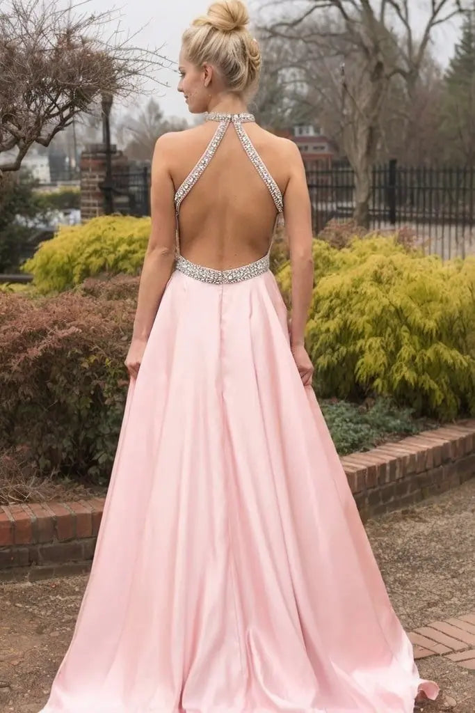 Blush Pink Halter Neck Satin A-Line Prom Dress with Beaded Waist and Open Back for Formal Events and Prom Nights