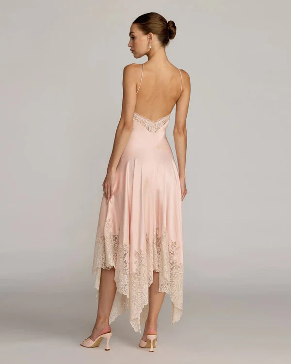 Blush Pink Halter Neck Satin Lace Trim Asymmetric Hem Midi Formal Even –  Koutun Dress