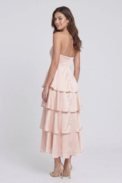 Blush Pink Halter Neck Tiered Satin Midi Formal Evening Prom Dress With Floral Accent