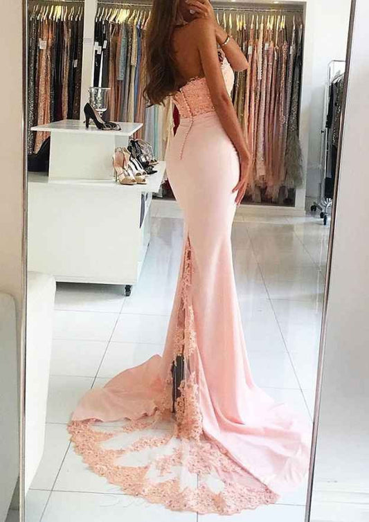 Blush Pink High Neck Lace Applique Mermaid Long Formal Evening Prom Dress