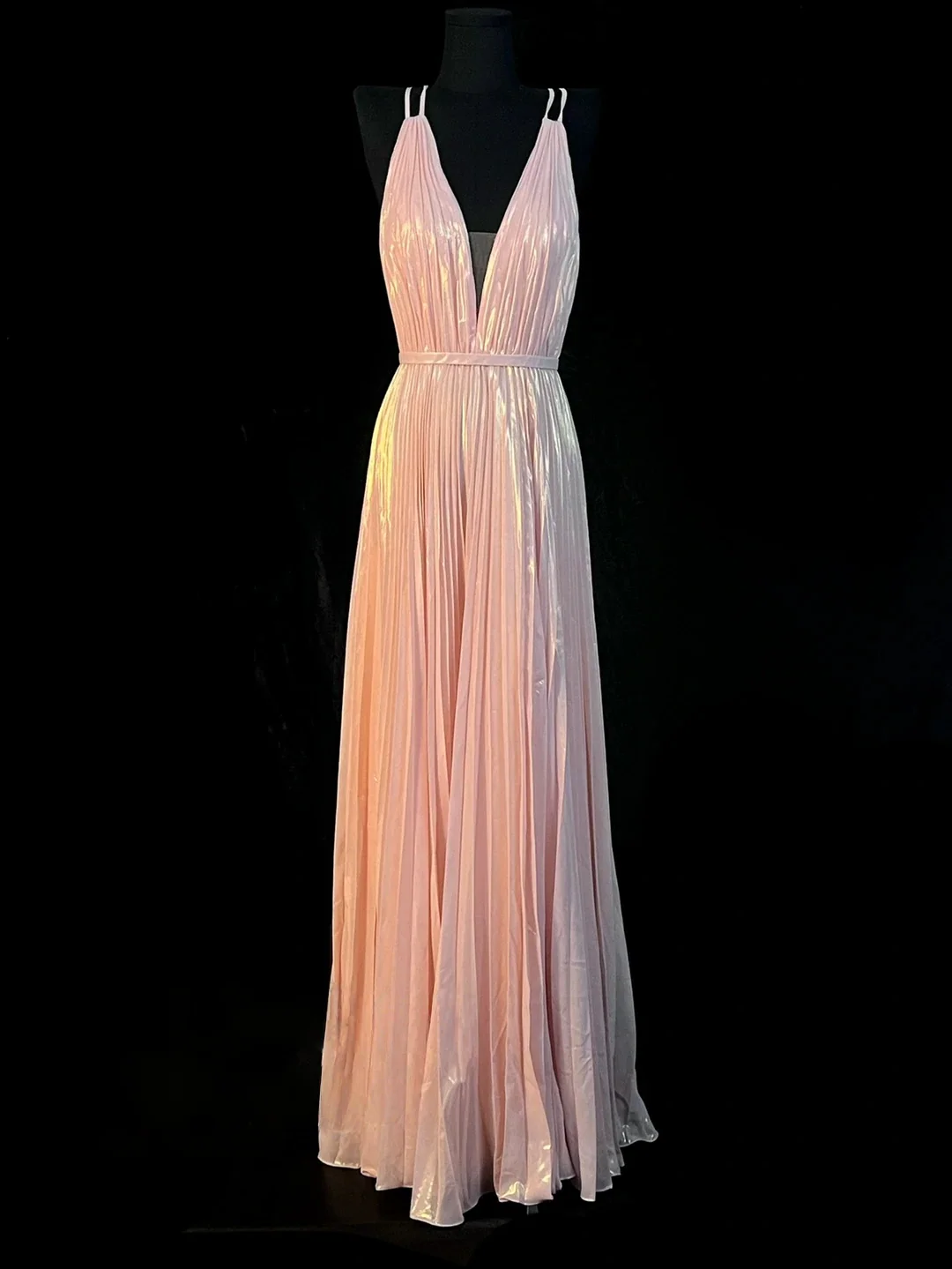 Blush Pink Metallic Pleated Prom Dress With Crisscross Backless Design And Deep V Neck Formal Prom Dress