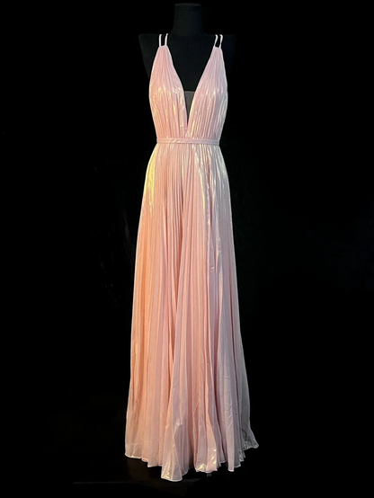 Blush Pink Metallic Pleated Prom Dress With Crisscross Backless Design And Deep V Neck Formal Prom Dress