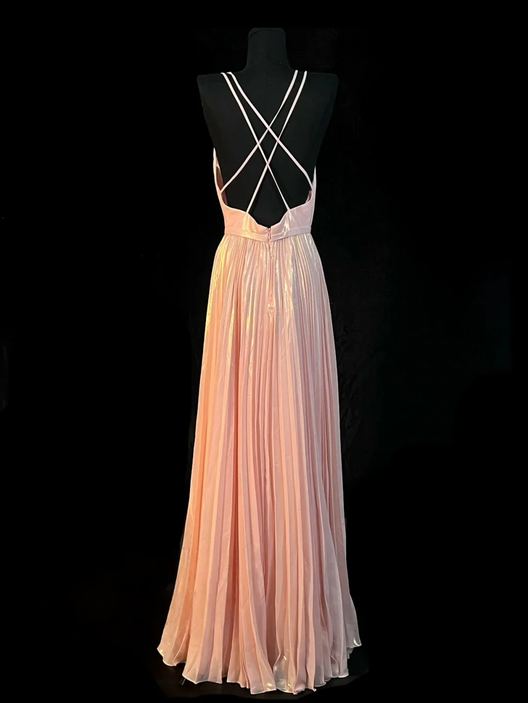 Blush Pink Metallic Pleated Prom Dress With Crisscross Backless Design And Deep V Neck Formal Prom Dress