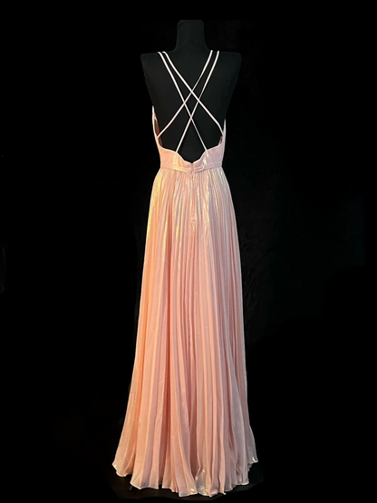 Blush Pink Metallic Pleated Prom Dress With Crisscross Backless Design And Deep V Neck Formal Prom Dress